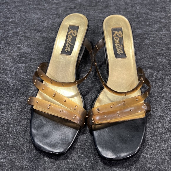 Renica Shoes - Vintage Renica Womens Size 8M Gold Lucite Wedge Heel Sandals Very Retro